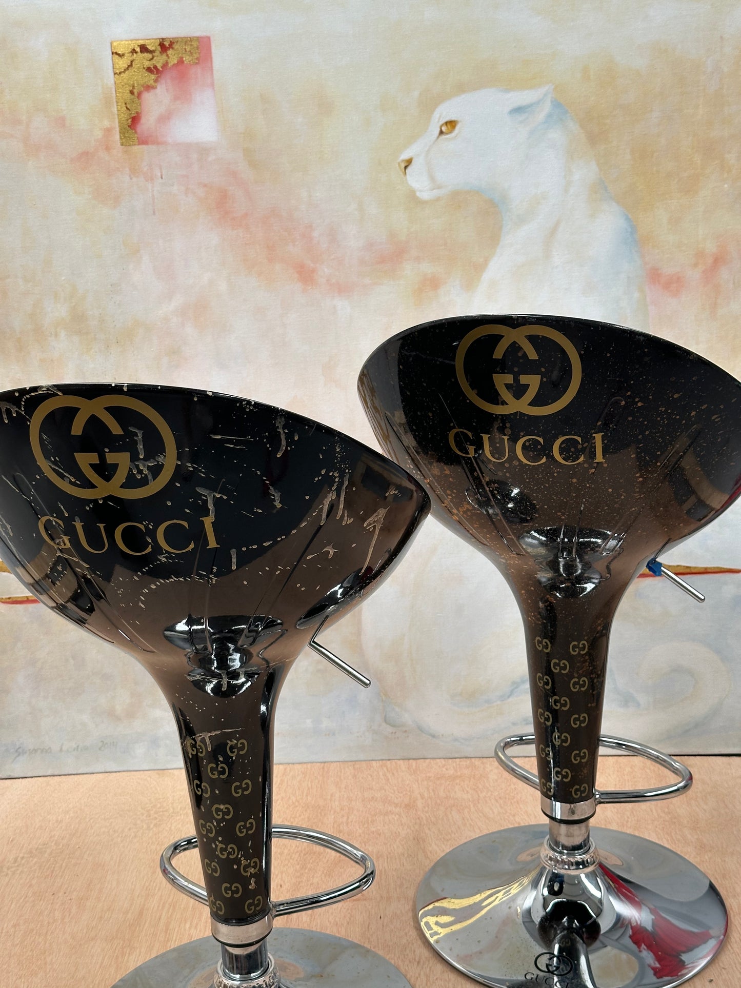 ﻿Gucci Inspired Set of 2 Modern Design Adjustable Design Stools By Artist "MTART"