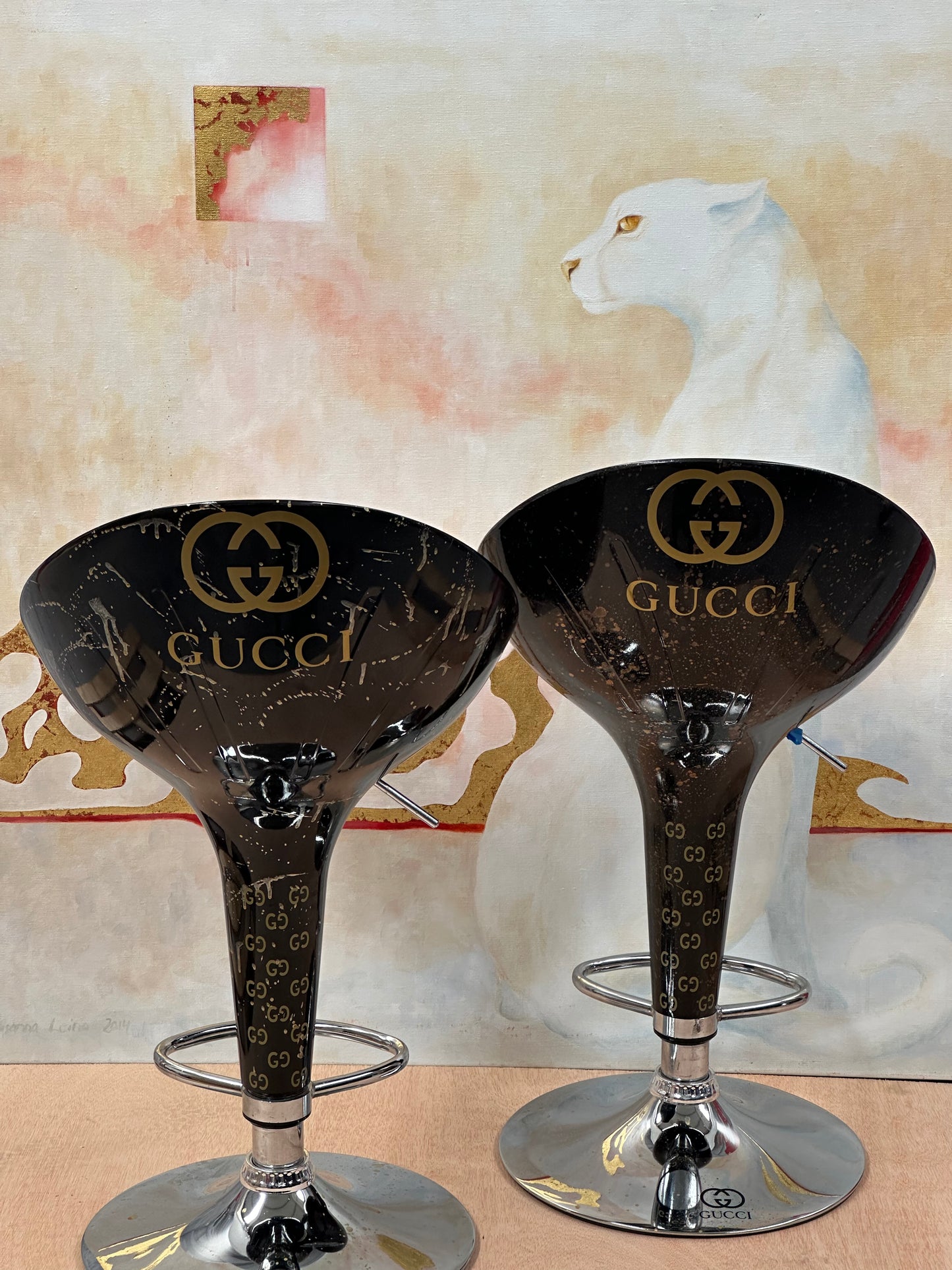 ﻿Gucci Inspired Set of 2 Modern Design Adjustable Design Stools By Artist "MTART"